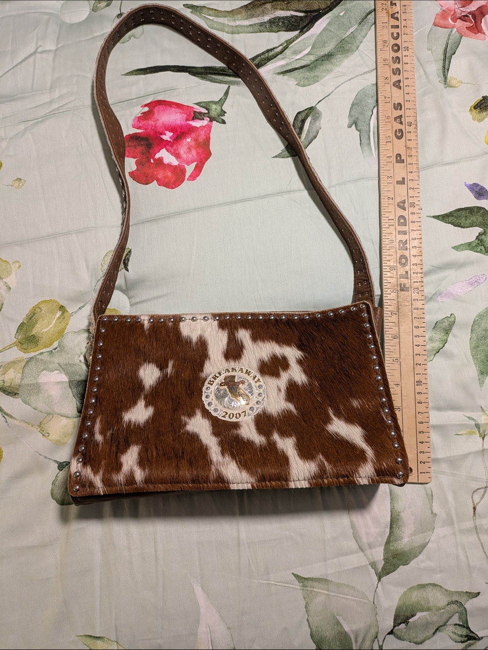 Brown and White Cowhide Shoulder Bag with Stud Detailing